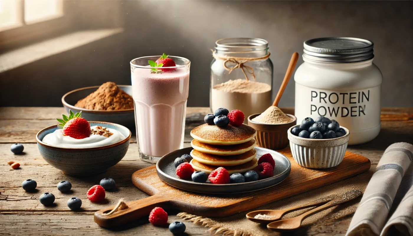 : "A meal prep scene featuring protein powders for weight loss, including a protein shake in a glass, protein pancakes with fresh berries, and Greek yogurt sprinkled with protein powder, all set on a rustic wooden countertop with soft lighting."