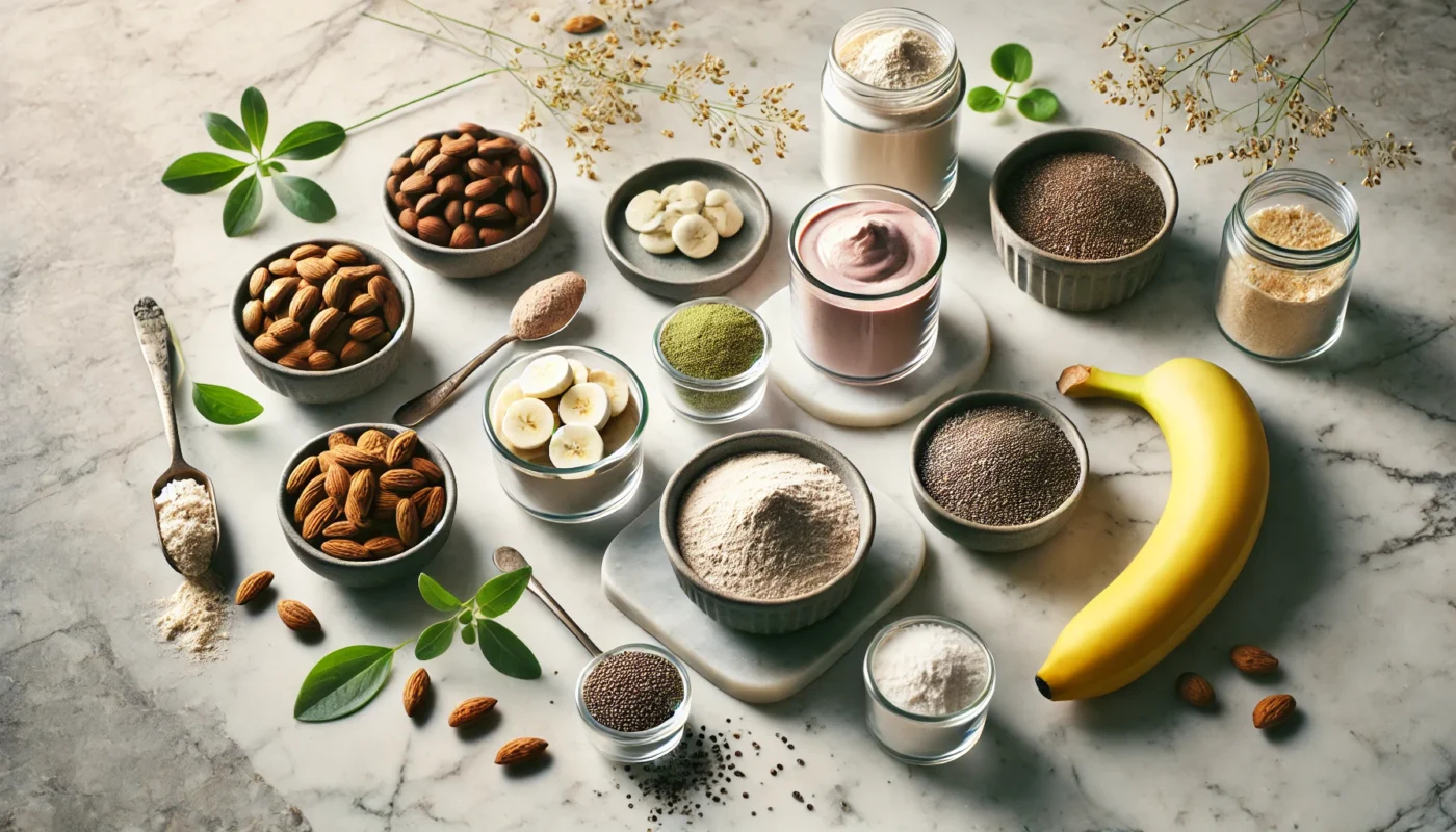 A minimalist arrangement of protein powders for weight loss on a marble countertop, with small glass bowls containing plant-based, whey, and collagen protein powders, surrounded by chia seeds, almonds, and a banana under soft natural lighting."