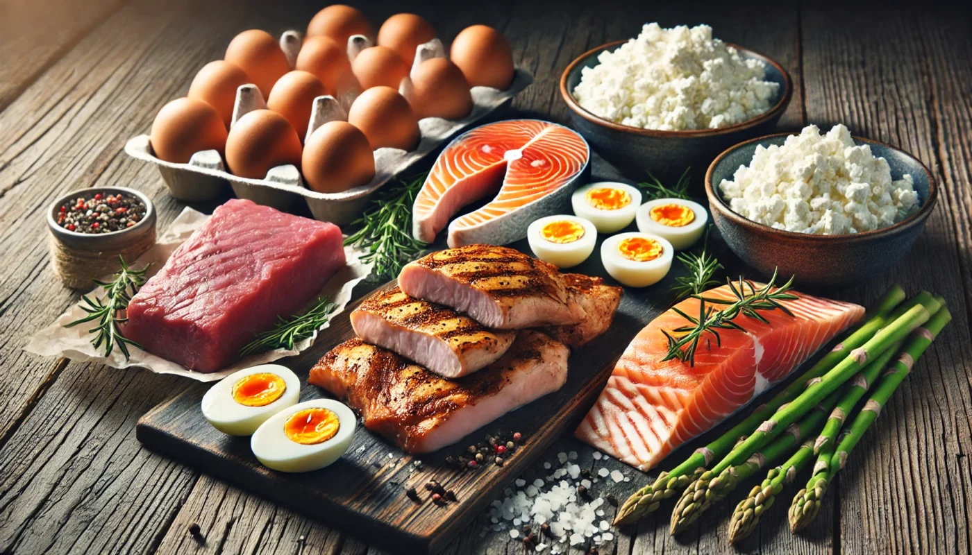 A high-protein food spread on a rustic wooden table, featuring grilled chicken breast, salmon fillets, lean beef steak, boiled eggs, and cottage cheese, with soft natural lighting highlighting their textures and freshness."