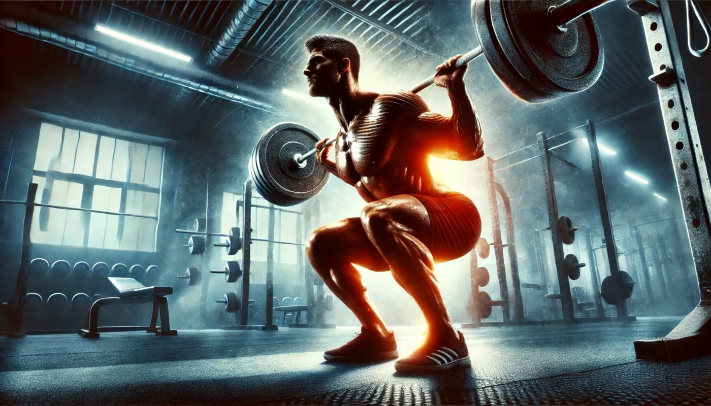 A powerful gym scene symbolizing the anabolic state for muscle growth, showing a muscular athlete performing a barbell squat under dramatic lighting, with a subtle energy glow representing muscle-building processes."