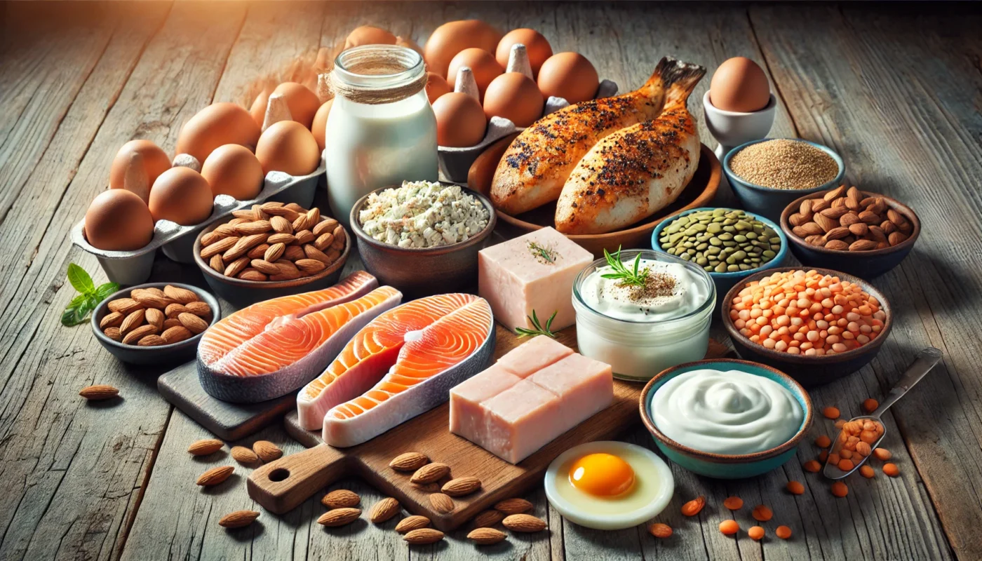 "A vibrant display of protein-rich foods on a rustic wooden table, including grilled chicken breast, salmon fillets, boiled eggs, Greek yogurt, almonds, lentils, and tofu, with soft natural lighting highlighting their textures."