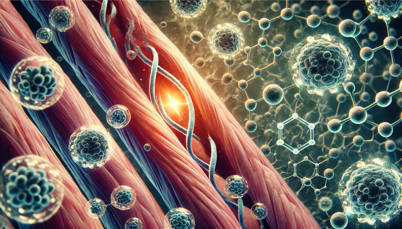 A biological visualization of protein's role in cellular growth, showing muscle fibers with glowing protein molecules binding to cells, surrounded by abstract molecular structures representing protein synthesis."