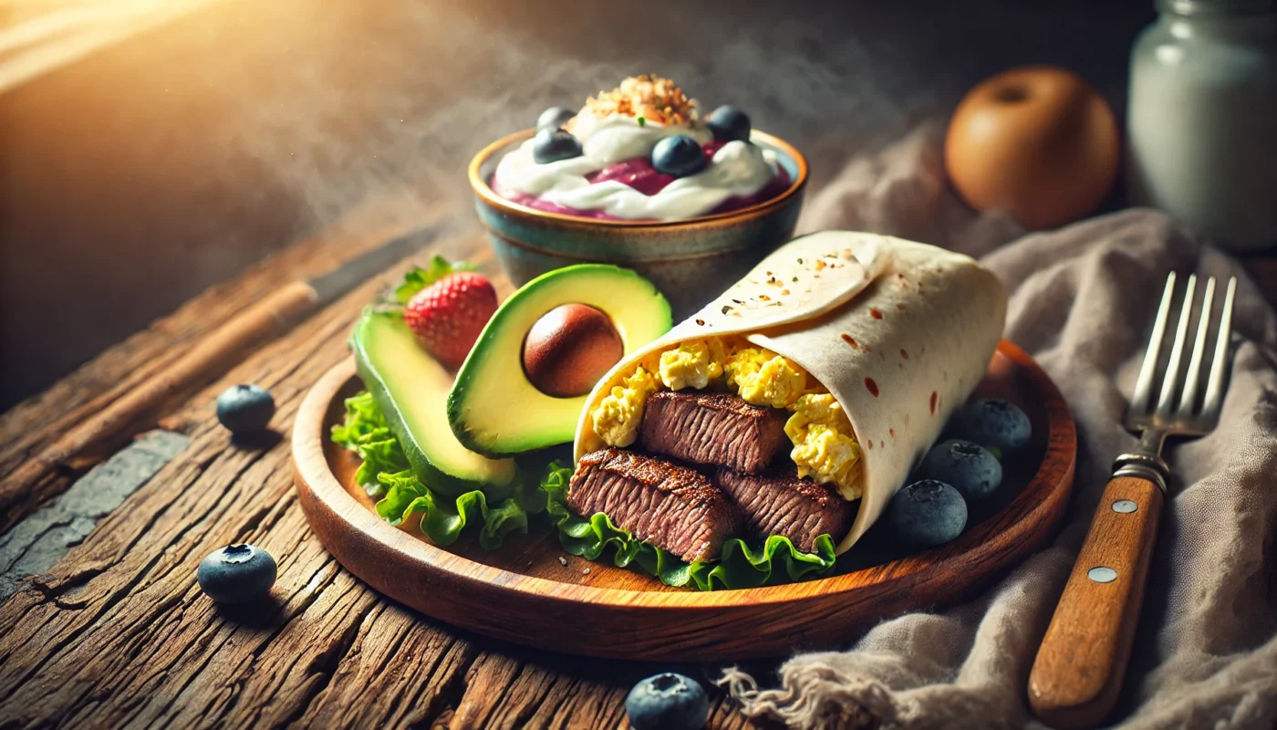 "A high-protein fast-food breakfast option for serious lifters, featuring a breakfast burrito with scrambled eggs, steak, and avocado, served with a side of Greek yogurt and berries on a rustic wooden plate."