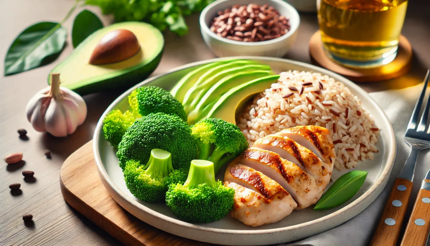 A high-protein meal for effective muscle gain, displayed on a wooden table with grilled chicken breast, steamed broccoli, brown rice, and avocado slices, with soft natural lighting highlighting the freshness and nutritional balance for muscle growth."