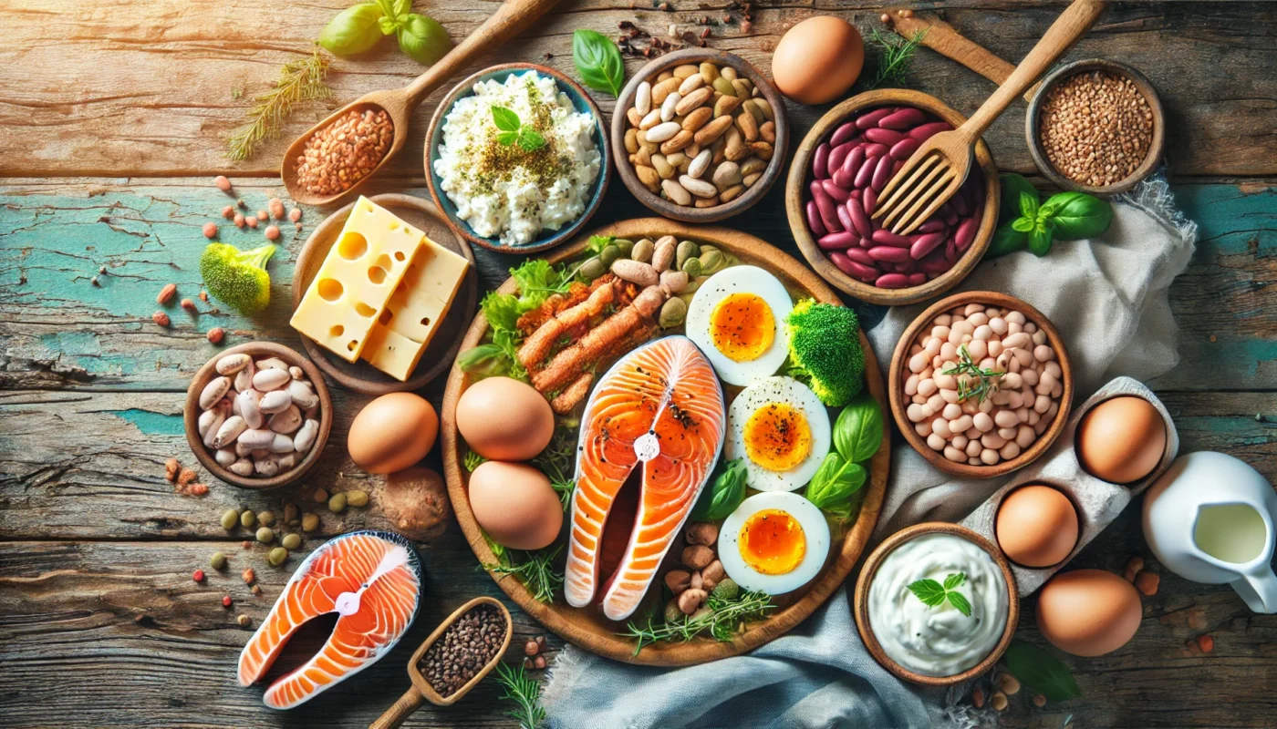 Overhead view of a rustic wooden table showcasing protein-rich foods, including grilled chicken, salmon fillet, hard-boiled eggs, cottage cheese, Greek yogurt, and assorted beans and lentils, garnished with fresh herbs under soft natural lighting.