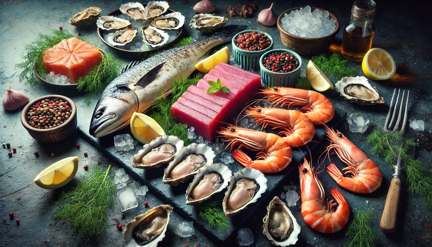 A rustic spread of protein-rich seafood on a dark slate surface, featuring grilled shrimp, seared tuna steaks, oysters on ice, and fresh salmon slices, garnished with lemon wedges and dill under soft side lighting.