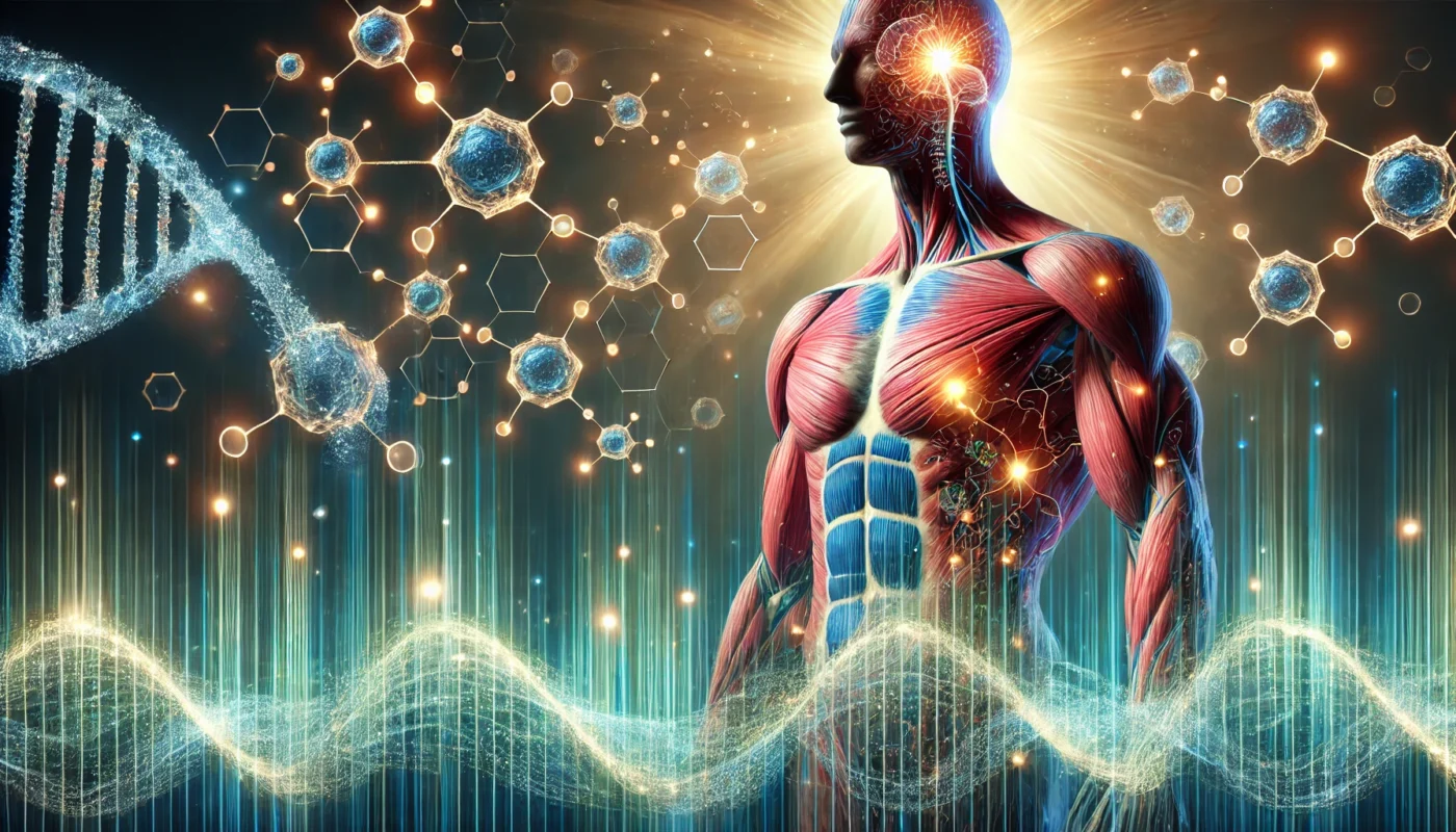 An artistic depiction of muscle recovery, featuring a human silhouette composed of interconnected muscle fibers illuminated by glowing protein structures, with a radiant pulse of energy waves symbolizing cellular repair and strength building.