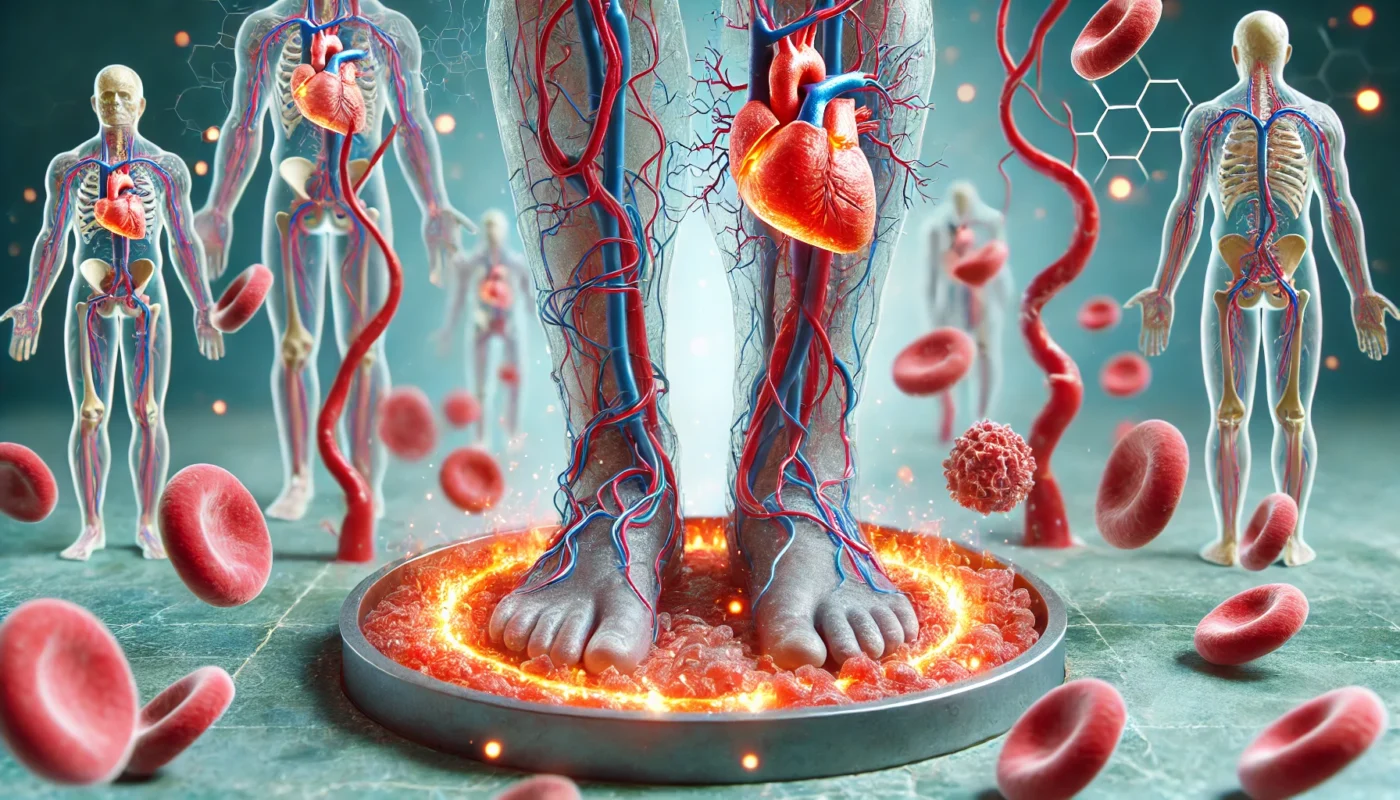 "A medical concept illustration showing the impact of poor circulation on wound healing. A 3D-rendered visualization of blood vessels struggling to deliver oxygen and nutrients to a healing wound. The background features a subtle overlay of inflammation and tissue damage, symbolizing slow recovery."