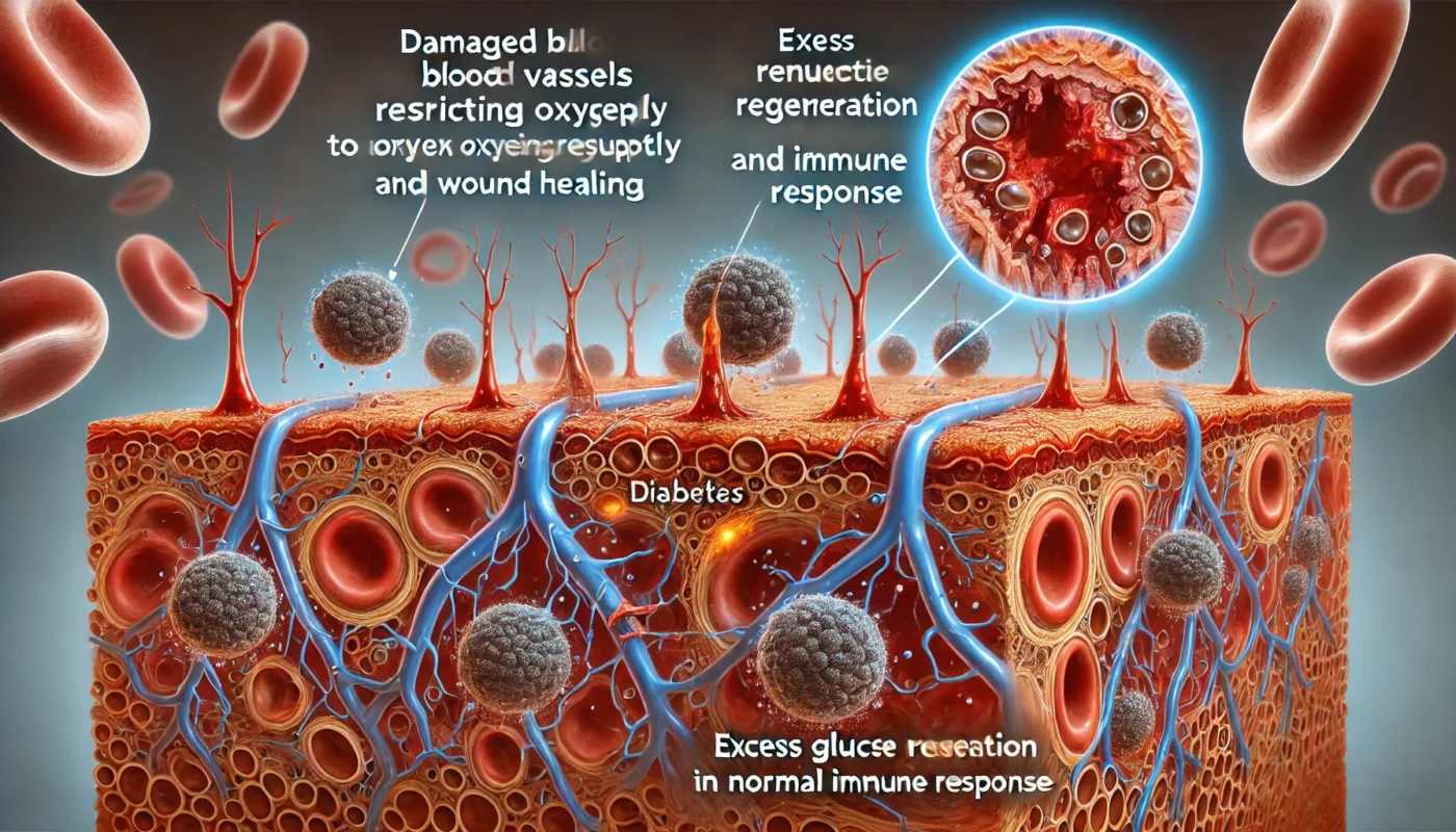 "A scientific-style illustration showing the effects of diabetes on wound healing. A close-up of damaged blood vessels restricting oxygen supply to a slow-healing wound. The background highlights excess glucose molecules interfering with normal cell regeneration and immune response."