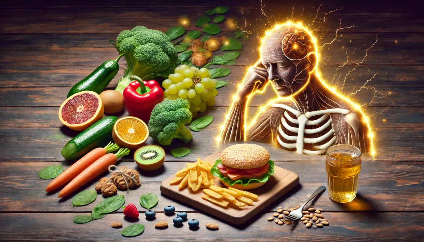 "A conceptual image representing poor nutrition as a cause of delayed wound healing. A wooden table holds nutrient-deficient meals alongside fresh, vitamin-rich foods in contrast. A fading glow around the unhealthy foods symbolizes weakened immune function and impaired tissue repair."