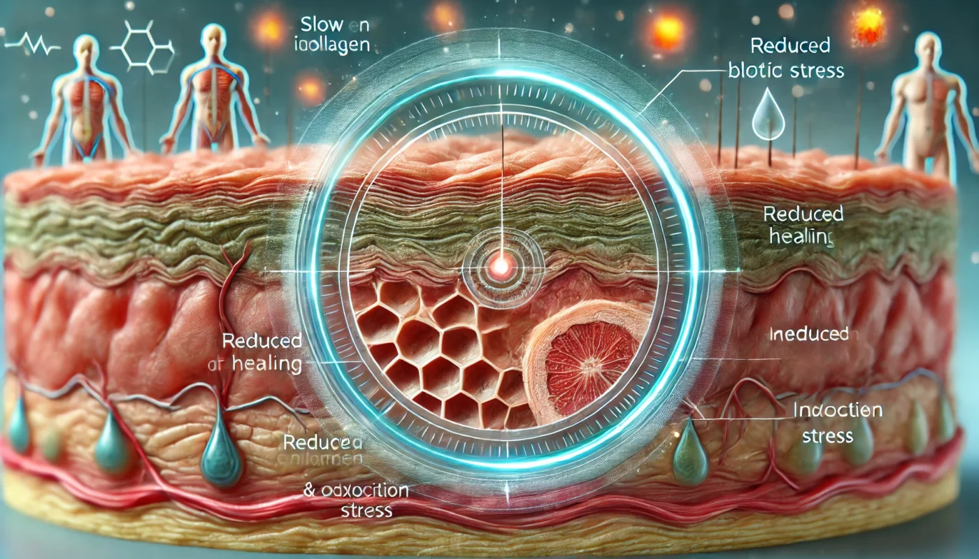 "A medical visualization of delayed wound healing. A close-up of skin layers showing a slow-healing wound with reduced collagen production and impaired blood circulation. The background features subtle indicators of inflammation and oxidative stress, symbolizing factors that affect recovery."