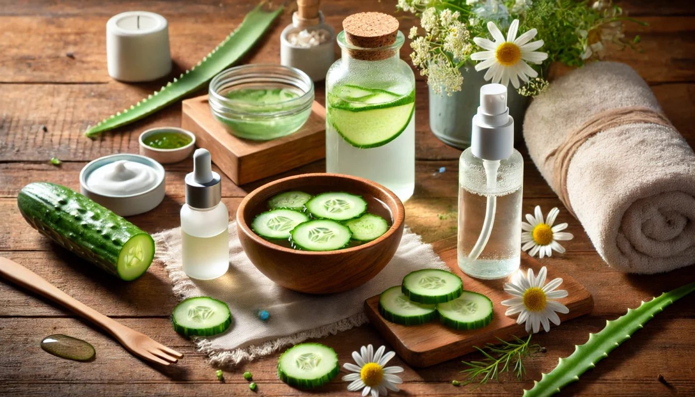 "A hydration-focused skincare setup for calming irritated skin. A wooden table displays a bowl of cooling cucumber water, a hydrating facial mist, and a serum bottle. Surrounding the products are fresh aloe leaves, chamomile flowers, and a soft towel, creating a refreshing and soothing atmosphere."