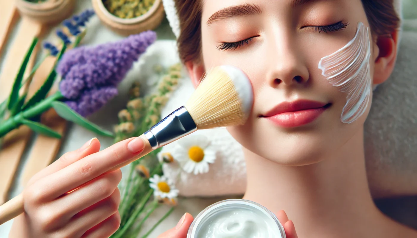 "A close-up of a soothing skincare treatment for irritated skin. A person gently applies a cooling aloe vera gel with a soft facial brush. The blurred background features botanical elements like lavender and chamomile, enhancing the relaxing and natural skincare theme."