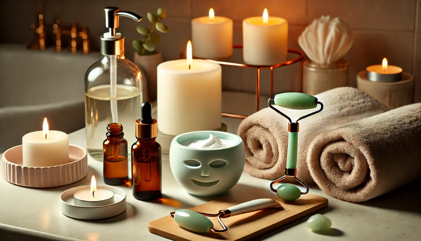 "A calming evening skincare routine for soothing irritated skin. A bathroom counter displays a hydrating facial serum, a jade roller, and a cooling gel mask. Soft candlelight, warm towels, and herbal steam in the background create a tranquil and nurturing atmosphere."