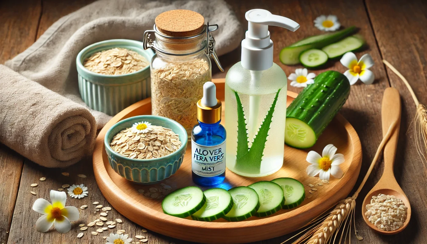 "A holistic skincare setup featuring natural remedies to calm irritated skin. A wooden tray holds aloe vera gel, cooling facial mist, and a soothing chamomile-infused oil. Surrounding the products are fresh cucumber slices, oatmeal, and a soft towel, creating a relaxing and refreshing atmosphere."