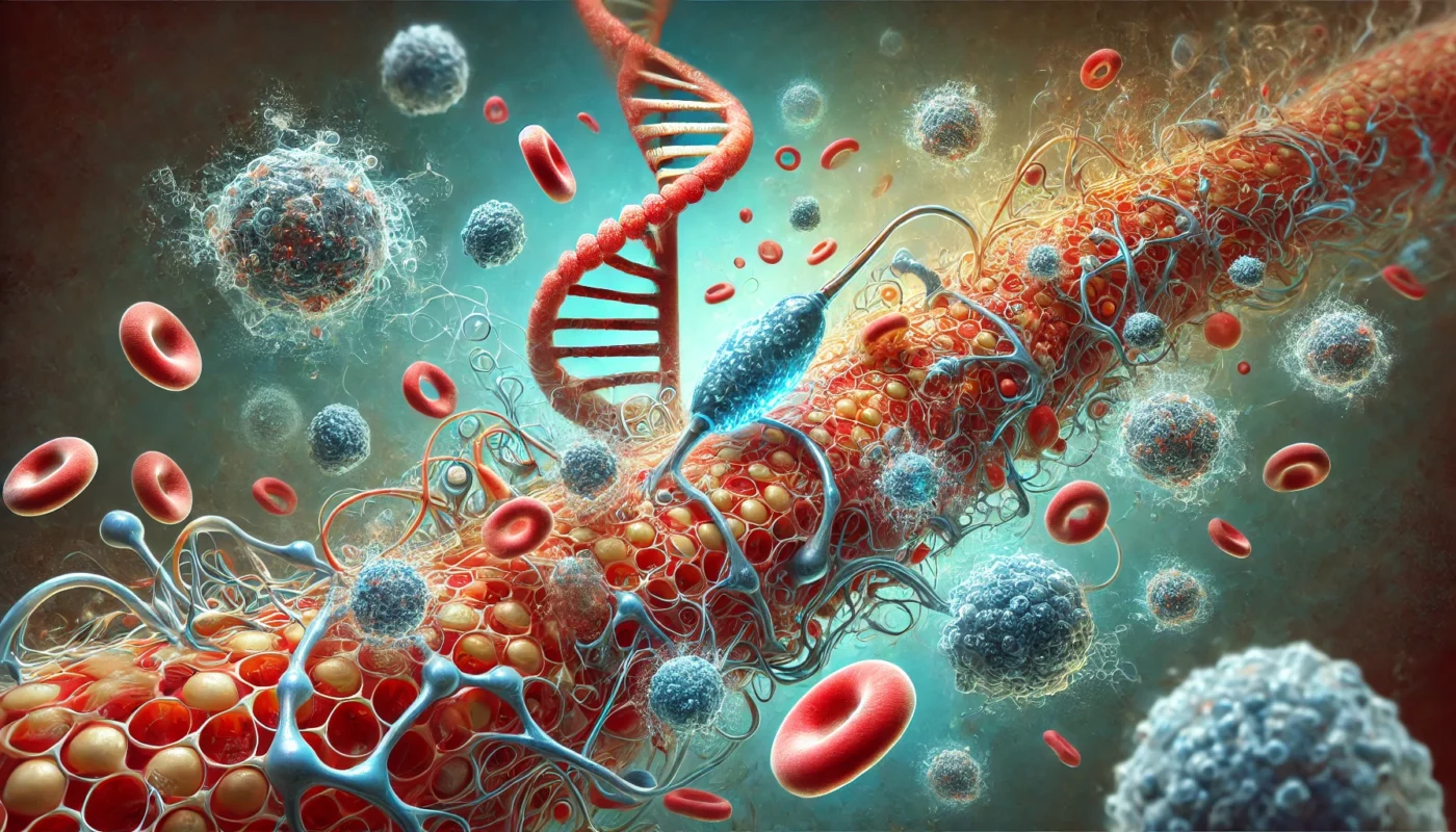 Conceptual Representation of Diabetes' Impact on Wound Healing – An artistic depiction showing glucose molecules interfering with blood circulation, leading to poor tissue regeneration, an increased risk of infection, and slow wound recovery.