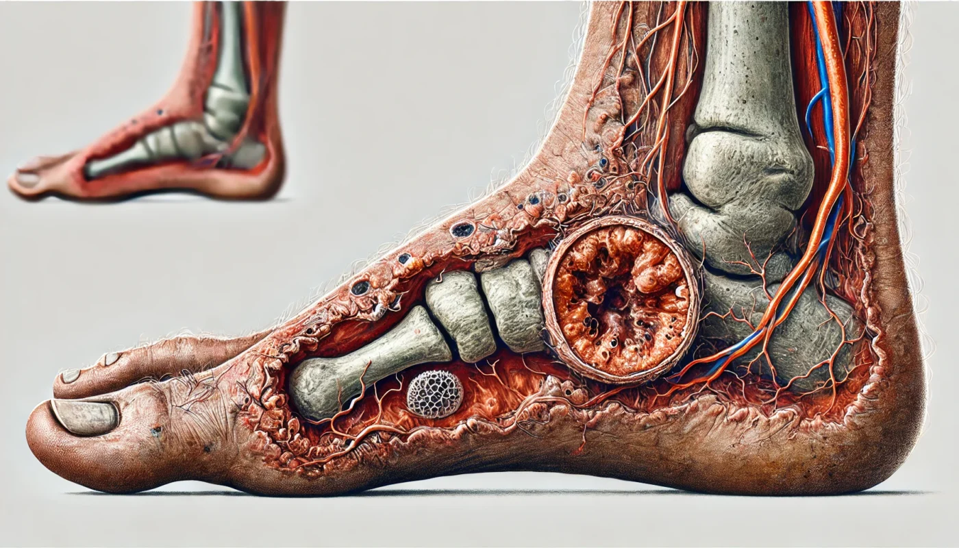 Close-up of a Diabetic Foot Ulcer – A highly detailed image of a severe diabetic foot ulcer, displaying tissue damage, poor circulation, and slow healing, with the surrounding skin discolored due to diabetes-related complications.