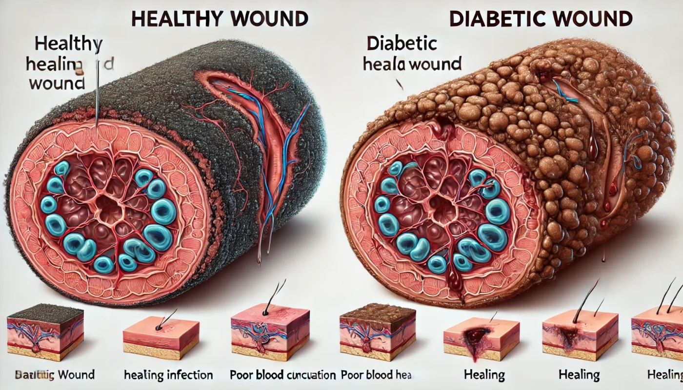 Comparison of a Healthy Wound vs. a Diabetic Wound – A detailed medical illustration comparing a normal healing wound with a diabetic wound showing dark, inflamed tissue, poor blood circulation, and signs of infection.