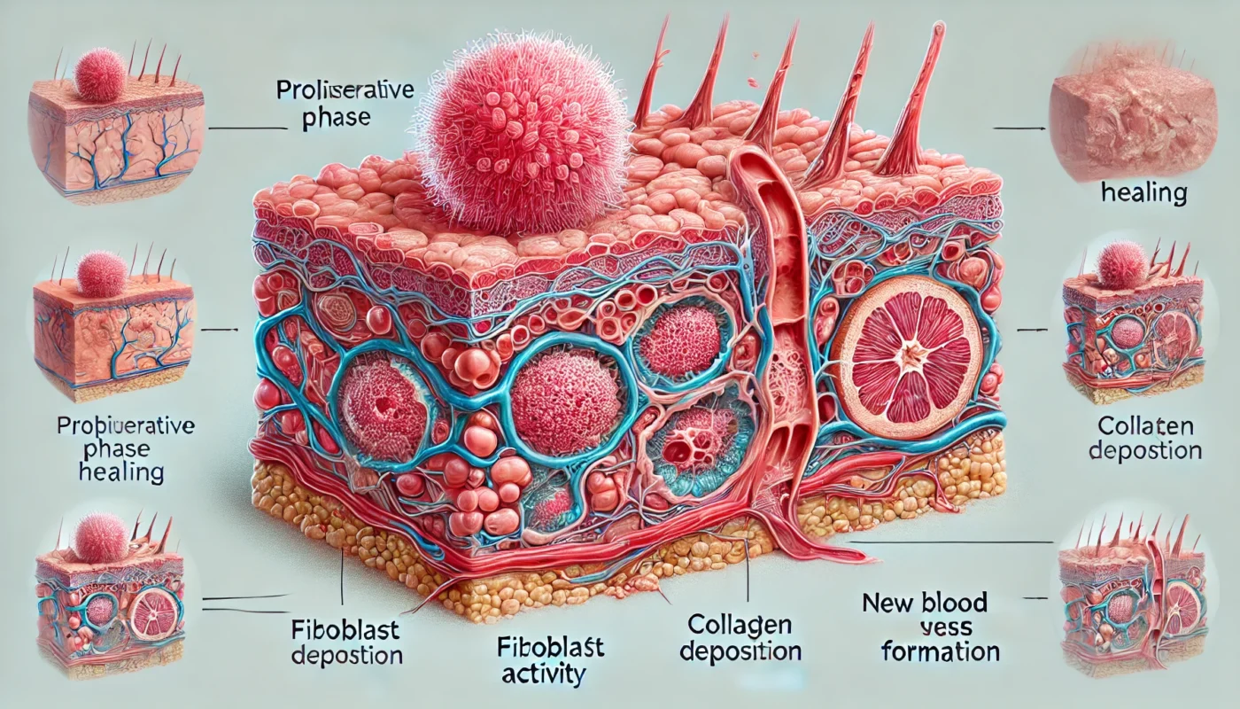 Proliferative Phase of Wound Healing – A detailed medical illustration showing fibroblast activity, collagen deposition, and new blood vessel formation, with fresh, pink granulation tissue forming over the wound.