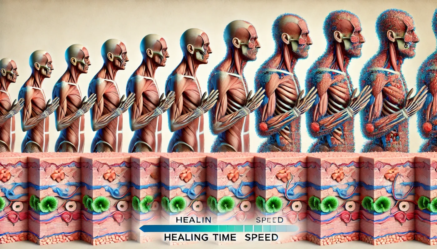 Comparative Wound Healing Speed in Various Tissues – An artistic depiction of healing progress in layers of skin, muscle, and bone, illustrating how healing time varies in different types of tissue.