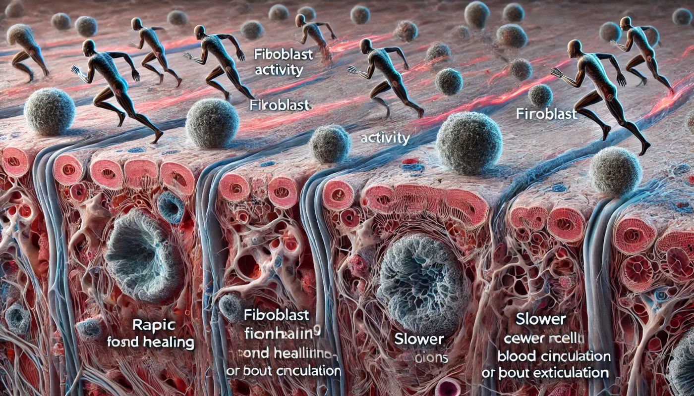 Microscopic View of Cellular Activity in Wound Healing – A close-up look at cellular activity in different tissues, showing rapid fibroblast activity in fast-healing areas and slower cell migration in regions with poor blood circulation, such as extremities.