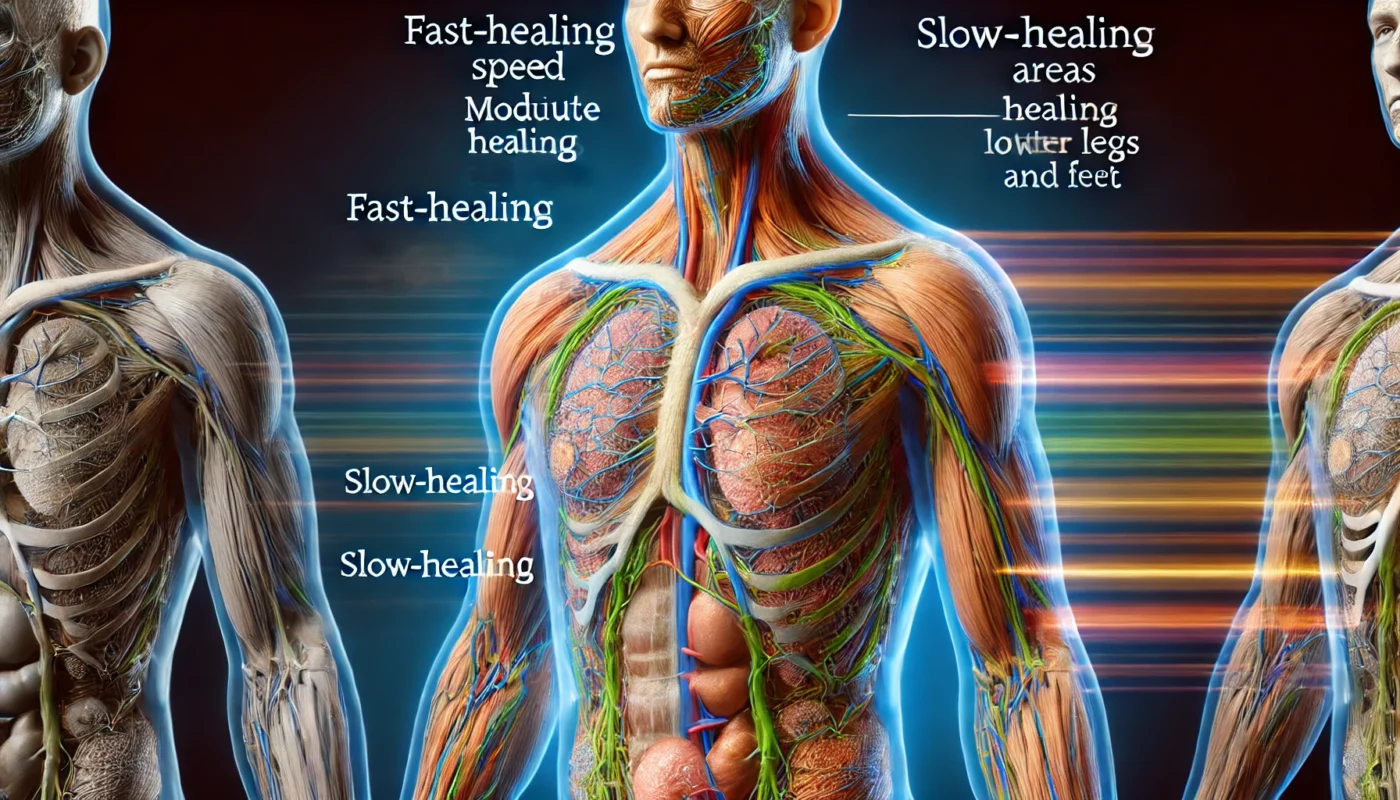 Tissue Regeneration Speed Across the Body – A conceptual representation highlighting fast-healing areas like the mouth and scalp, moderate healing areas like the arms and torso, and slow-healing regions like the lower legs and feet.