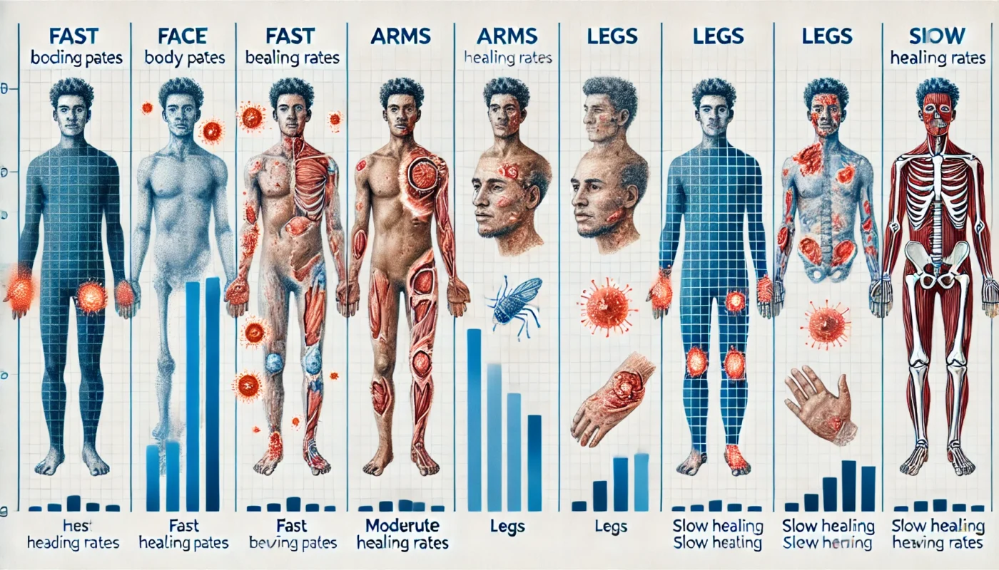 Comparison of Healing Rates Across Body Parts – A medical illustration showing different wounds on various body regions, such as the face, arms, legs, and feet, with visual indicators of fast, moderate, and slow healing rates.