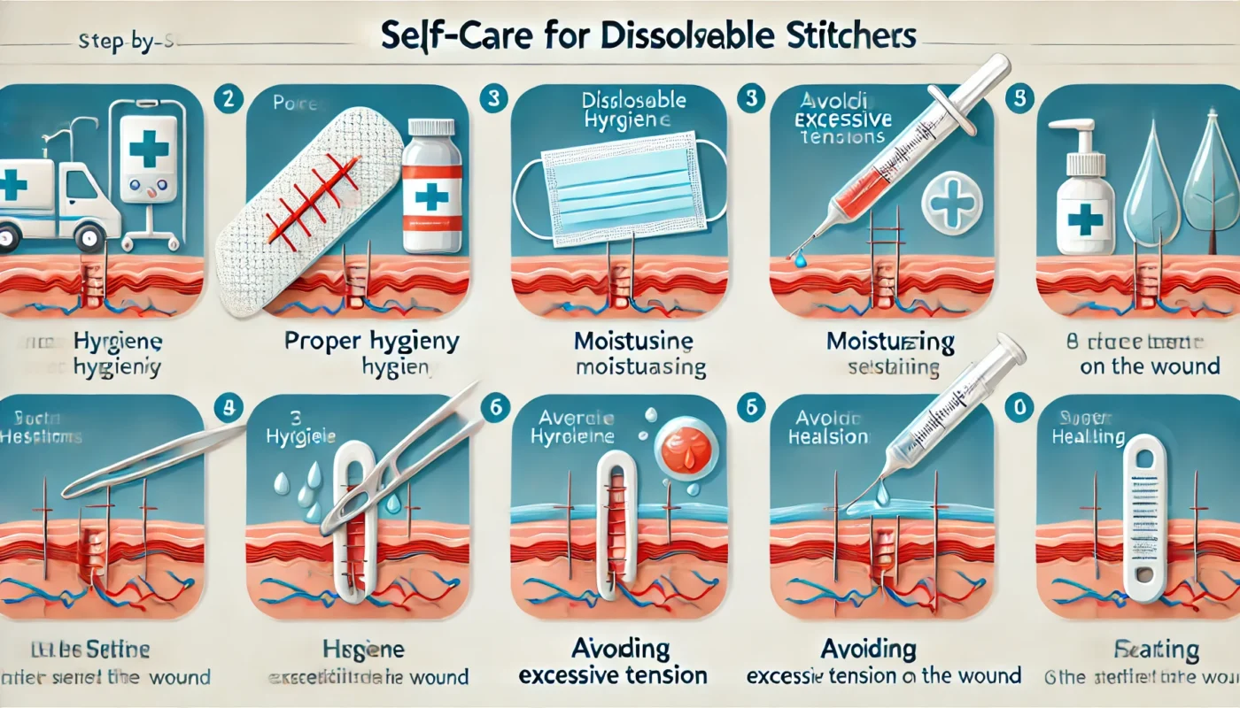 Step-by-Step Self-Care for Dissolvable Stitches – An instructional depiction of proper hygiene, moisturizing, and avoiding excessive tension on the wound to ensure optimal healing.