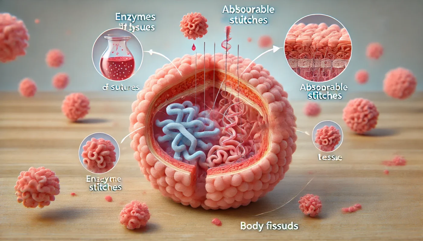 Dissolving Process of Absorbable Stitches – A conceptual visualization of how enzymes and body fluids gradually break down absorbable sutures while new tissue forms.