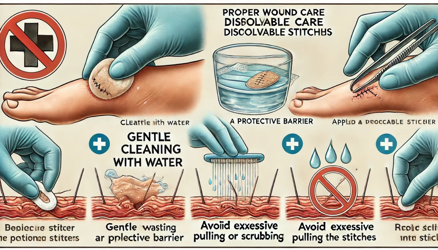 Proper Wound Care for Dissolvable Stitches – A medical illustration demonstrating gentle cleaning with water, applying a protective barrier, and avoiding excessive pulling or scrubbing around dissolvable stitches.