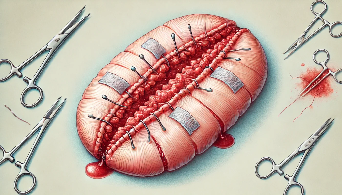 Properly Closed Surgical Wound ALT Text: A medical illustration of a properly closed surgical wound with well-approximated edges, secured with sutures or staples, healing without complications and not requiring packing.