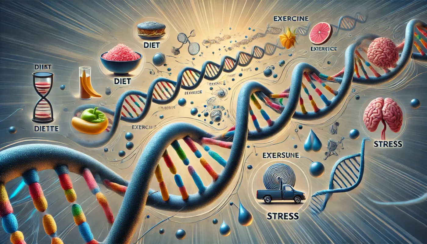 Epigenetics and Lifestyle Impact
ALT Text: An artistic depiction of epigenetics, showcasing a DNA strand influenced by external factors such as diet, exercise, and stress, visually demonstrating how lifestyle choices can modify genetic expression over time.