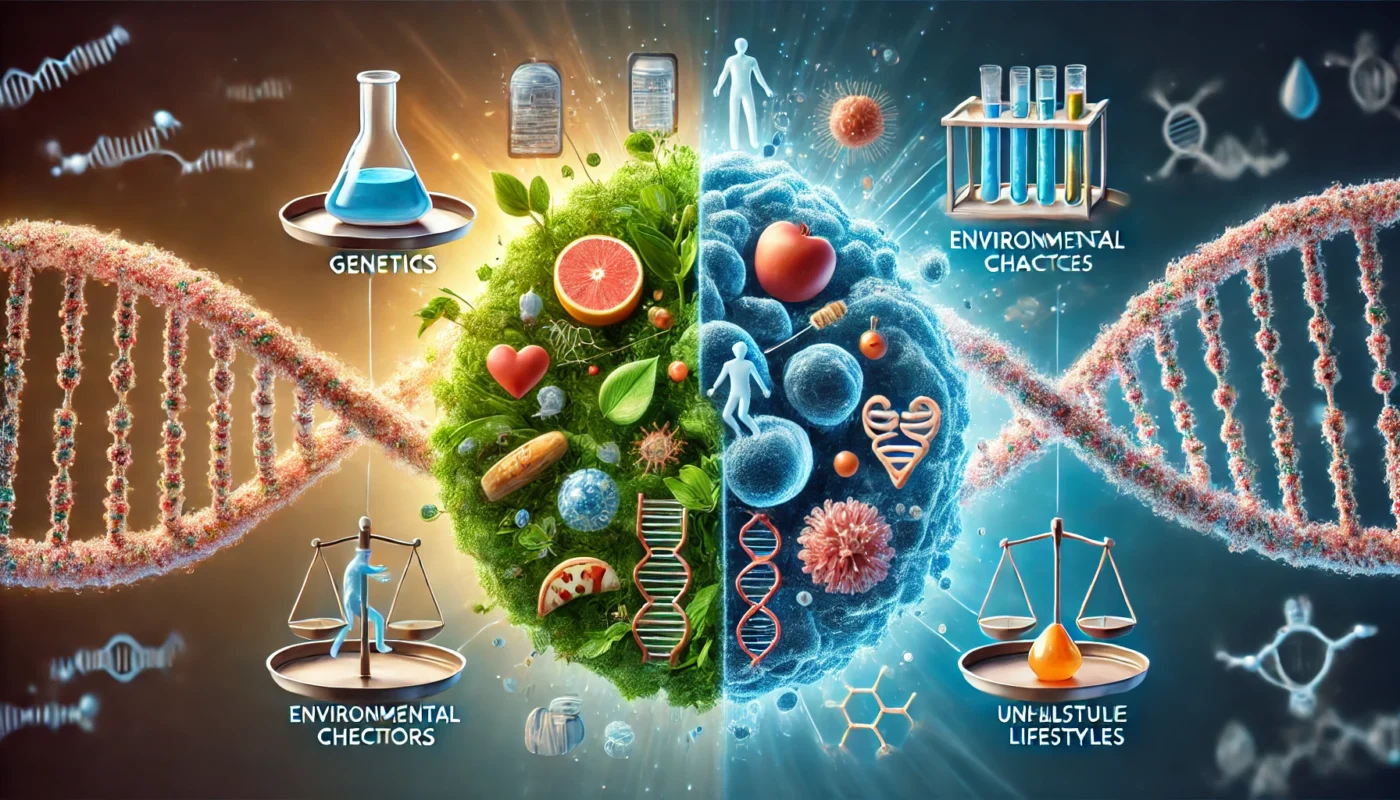 DNA Interaction with Lifestyle Factors
ALT Text: A microscopic representation of DNA interacting with environmental and lifestyle factors, illustrating how genetics and daily choices influence gene expression, affecting cellular reactions.

