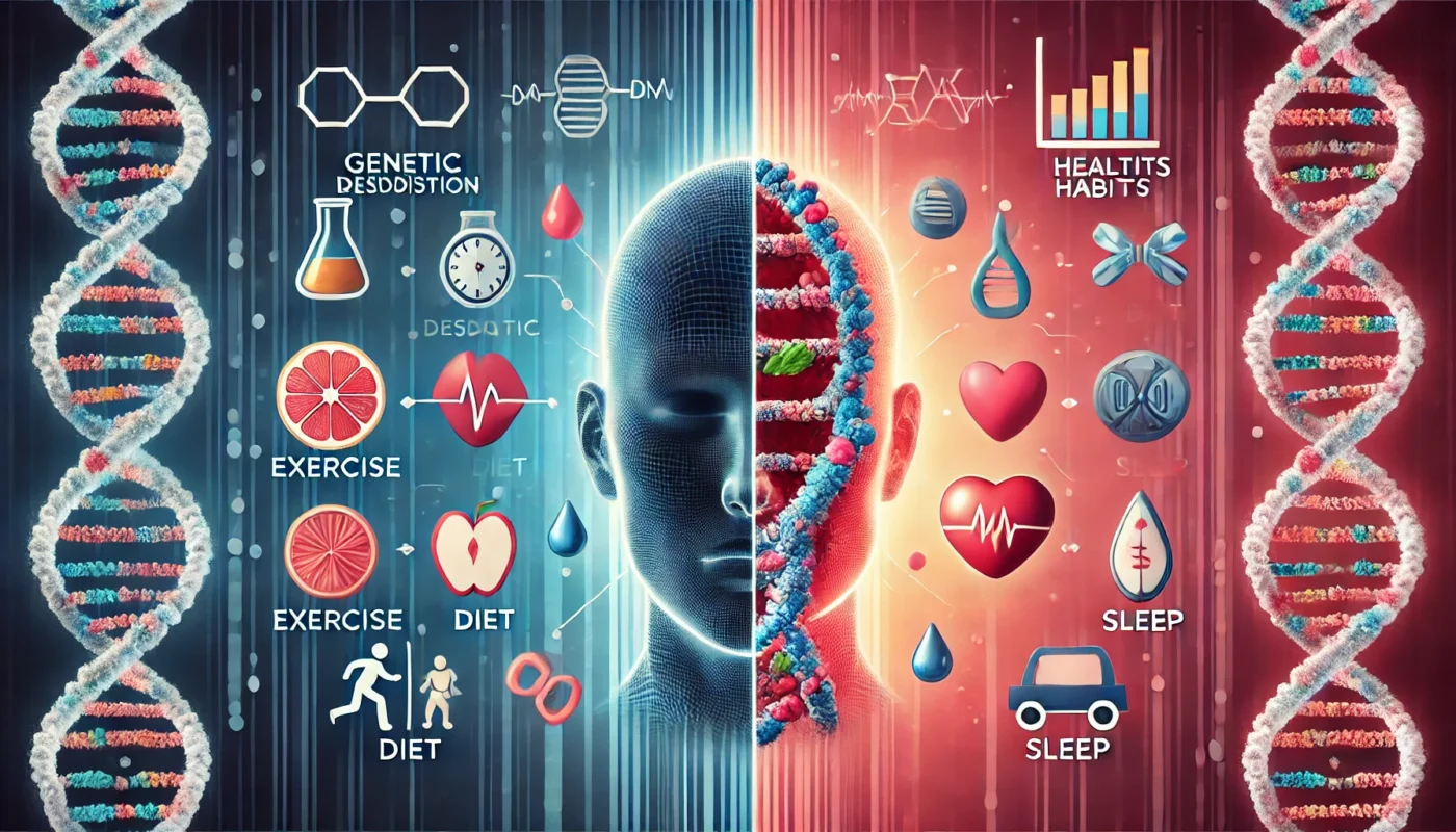 Genetics vs. Lifestyle Influence on Health ALT Text: A conceptual medical illustration comparing genetics and lifestyle choices, showing a DNA strand on one side representing genetic predisposition and healthy habits like exercise, diet, and sleep on the other.