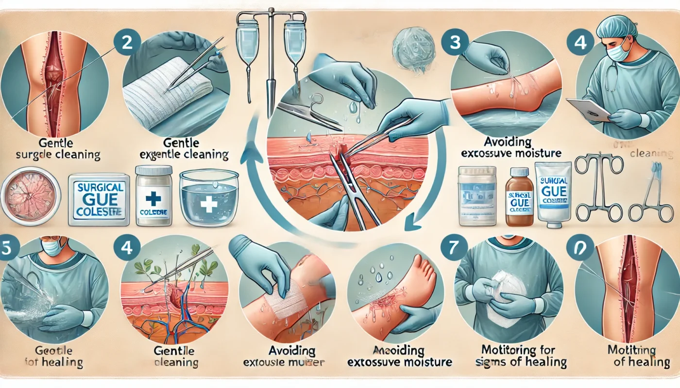 A step-by-step medical depiction of post-operative care for surgical glue closure, illustrating gentle cleaning, avoiding excessive moisture, and monitoring for signs of healing for optimal recovery.