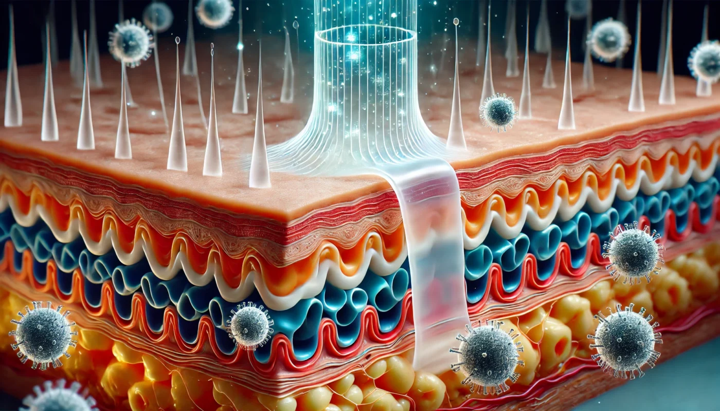 A conceptual visualization demonstrating how surgical glue bonds skin layers together, forming a protective barrier over the incision to reduce infection risk and improve cosmetic healing.