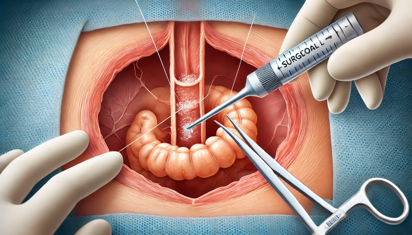 A medical illustration of a laparoscopic surgical incision being closed with surgical glue, showing a minimally invasive procedure with small incisions sealed using medical adhesive instead of sutures or staples.