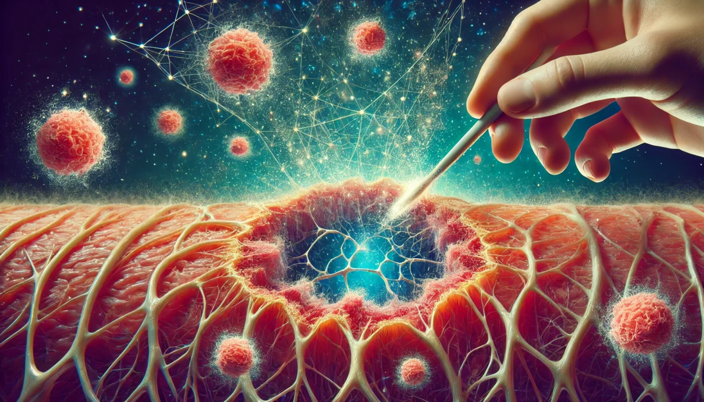 Artistic Representation of Fibroblast Activity
ALT Text: A conceptual artistic visualization of fibroblasts working within a healing wound, depositing a network of collagen fibers as the wound closes and regenerates.