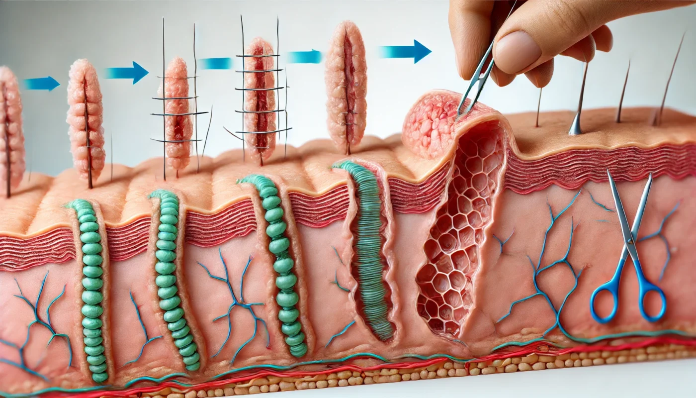 Dissolving or Removal of Stitches During Healing
ALT Text: A scientific representation of stitches dissolving or being removed as the skin fully heals, illustrating the natural progression from wound closure to scar maturation.