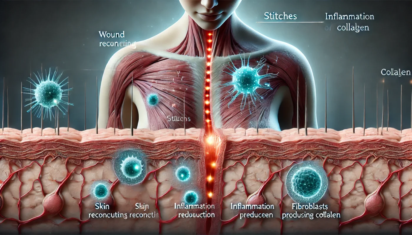 Wound Healing Process with Stitches
ALT Text: A conceptual visualization of the wound healing process with stitches, showing skin layers reconnecting, inflammation reducing, and fibroblasts producing collagen to close the wound.