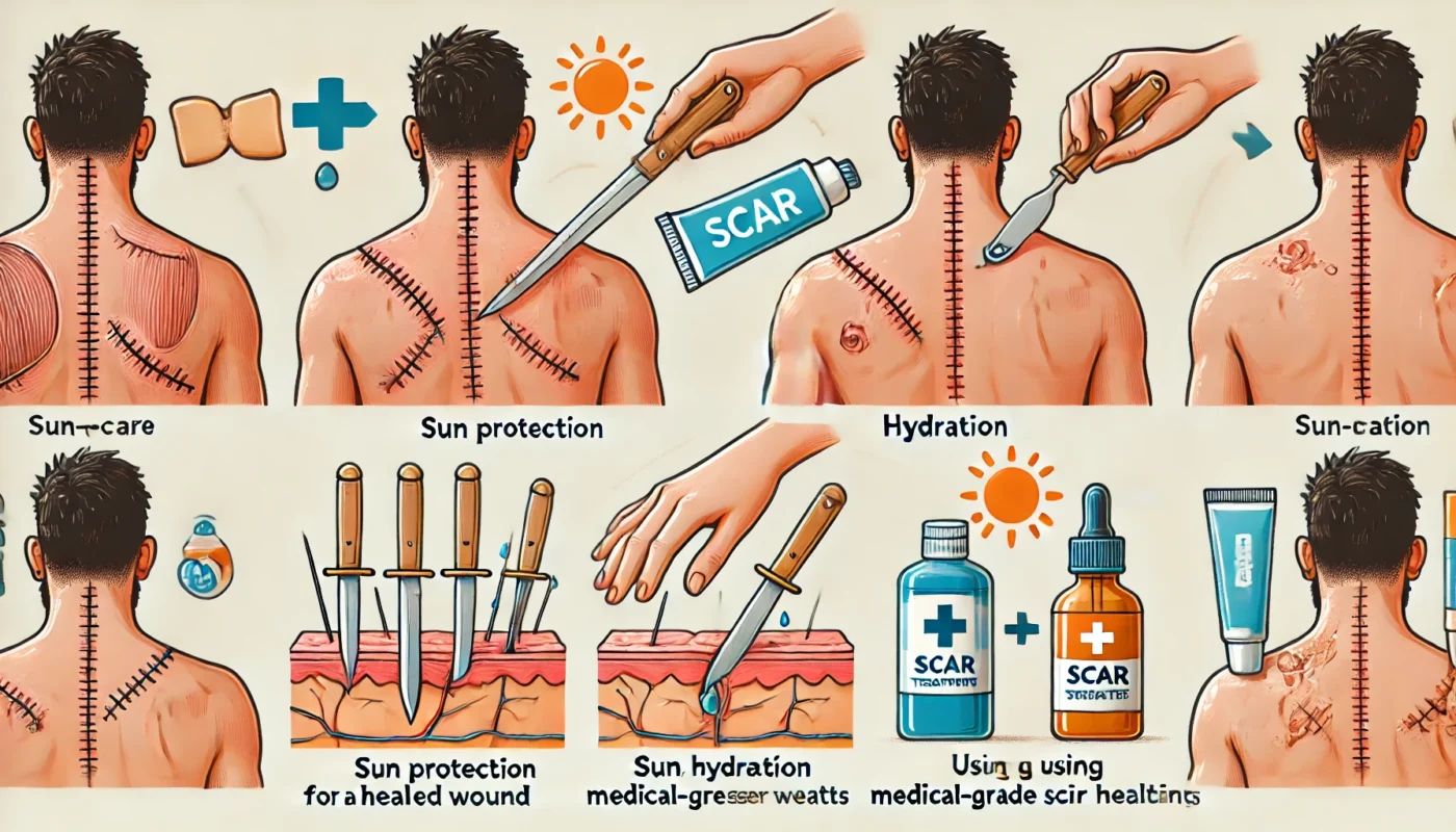 Self-Care for Healed Stab Wound
ALT Text: A step-by-step depiction of self-care for a healed stab wound, including sun protection, hydration, and using medical-grade scar treatments to promote optimal skin healing.