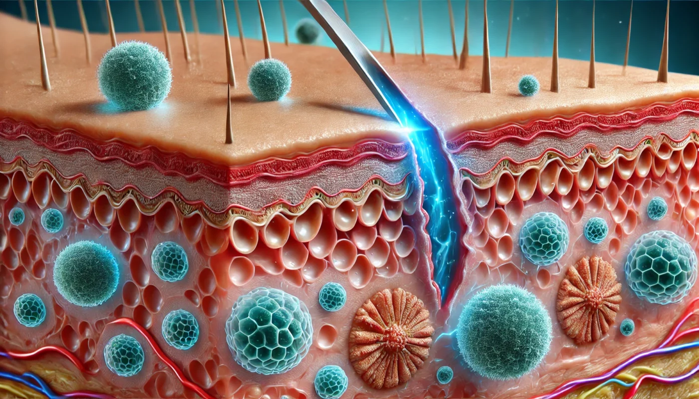 Skin Regeneration After a Stab Wound
ALT Text: A conceptual visualization of skin regeneration after a stab wound, depicting collagen production and skin cell renewal to strengthen the healed area and reduce scar visibility.