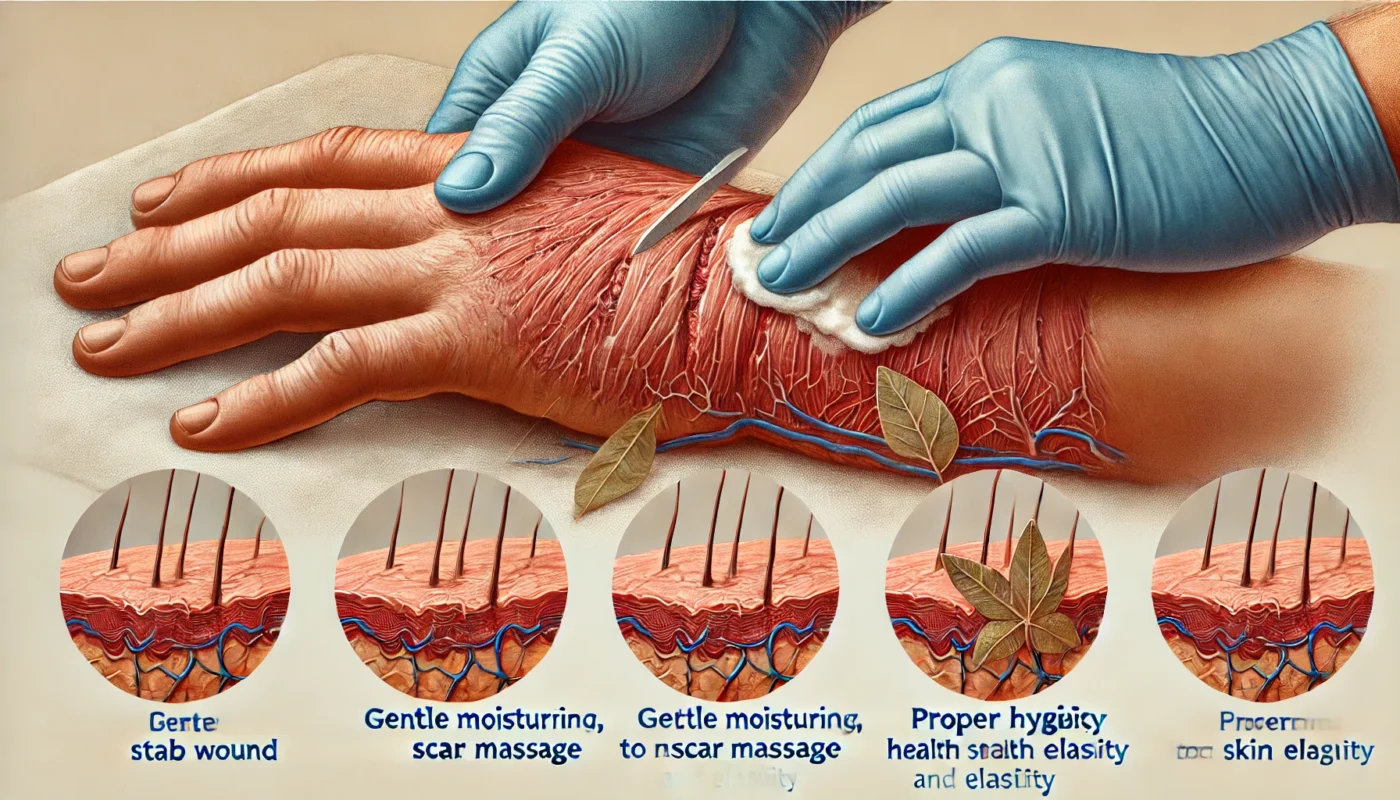 Post-Wound Care for Healed Stab Wound
ALT Text: A close-up view of post-wound care for a healed stab wound, illustrating gentle moisturizing, scar massage, and proper hygiene to maintain skin health and elasticity.