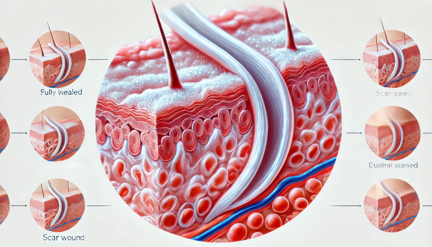 Fully Healed Stab Wound with Scar Care ALT Text: A medical illustration showing a fully healed stab wound with proper scar care, highlighting smooth, closed skin with minimal scarring and healthy tissue recovery.