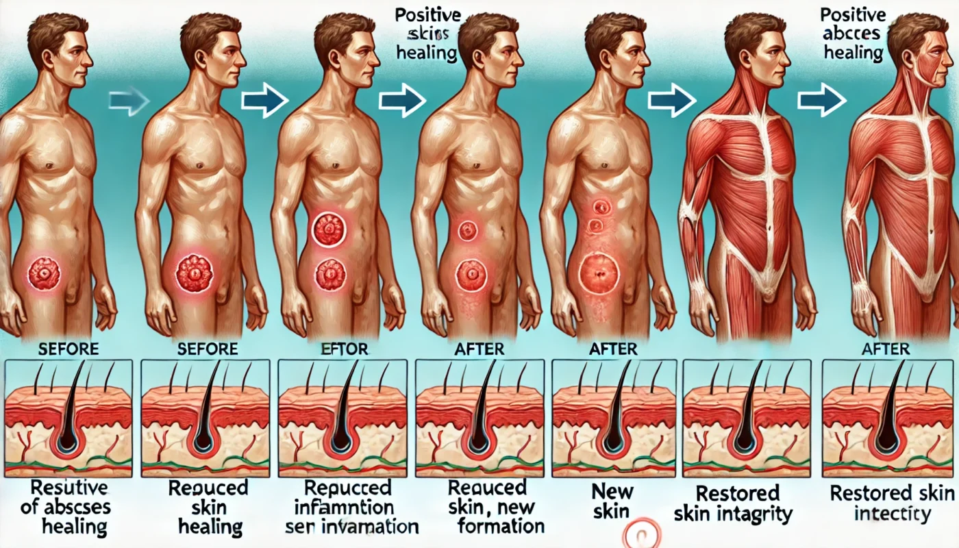 Step-by-Step Positive Signs of Abscess Healing
ALT Text: A step-by-step depiction of positive signs of abscess healing, illustrating reduced inflammation, new skin formation, and restored skin integrity.