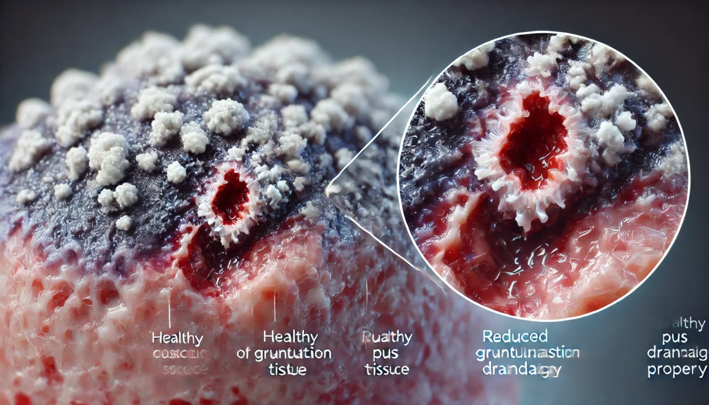 Close-Up of a Healing Abscess
ALT Text: A close-up view of a healing abscess, highlighting the formation of healthy granulation tissue, reduced pus drainage, and the wound closing properly.