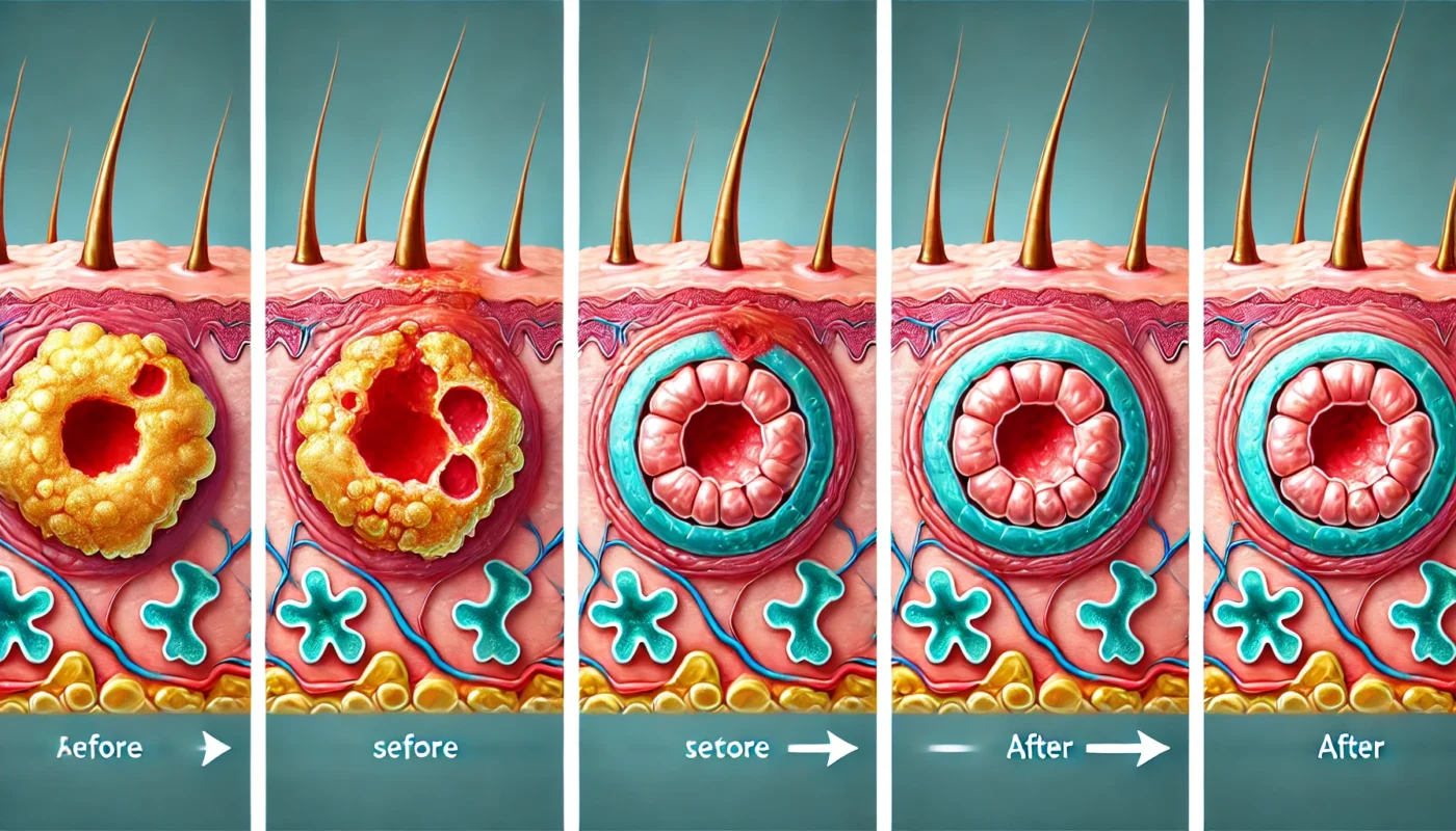 Healing Progression of an Abscess ALT Text: A medical illustration showing an abscess healing over time, transitioning from an inflamed, swollen area to smooth, regenerated skin with reduced redness and swelling.