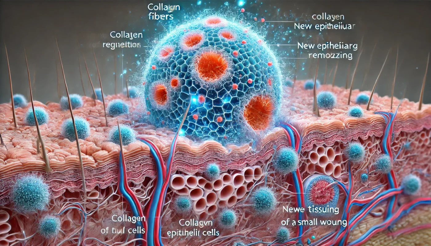 Microscopic View of Skin Regeneration
ALT Text: A scientific visualization of microscopic skin regeneration, showing collagen fibers, new epithelial cells, and tissue remodeling to support faster healing of a small wound.