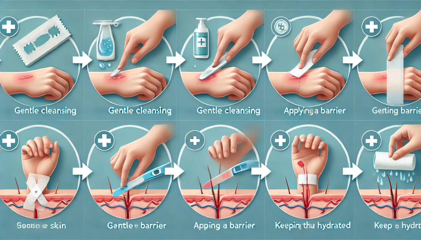 Step-by-Step Guide to Speed Up Paper Cut Recovery
ALT Text: A step-by-step visual representation of effective wound care techniques to speed up paper cut healing, including gentle cleansing, applying a protective barrier, and keeping the skin hydrated.