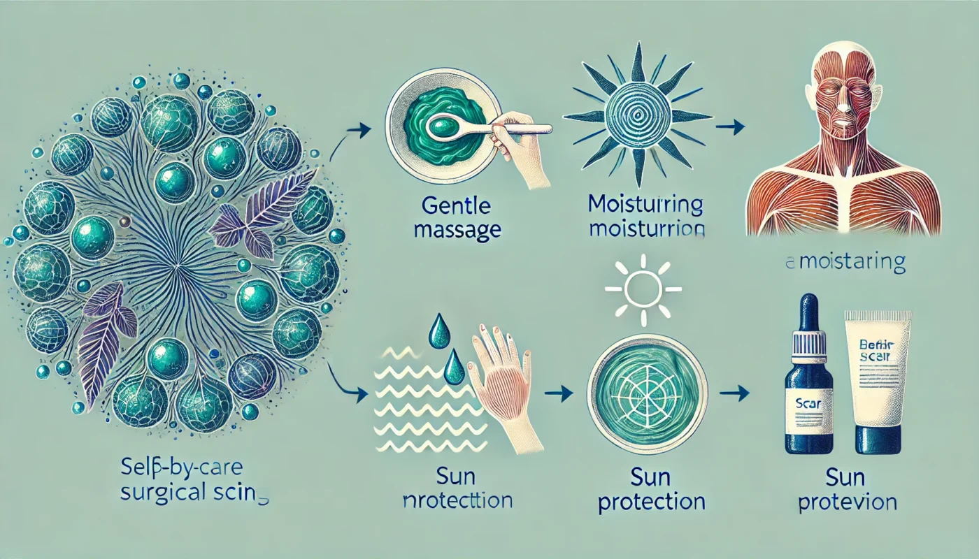 Self-Care Practices for Surgical Scar Healing
ALT Text: A step-by-step depiction of self-care practices for optimal surgical scar healing, including gentle massage, moisturizing, and sun protection to enhance skin recovery.